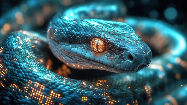 digital snake surrounded by binary code symbolizing python programming and dat manipulation.stock image