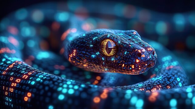 digital snake surrounded by binary code symbolizing python programming and dat manipulation.image