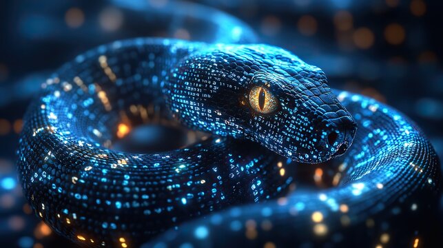 digital snake surrounded by binary code symbolizing python programming and dat manipulation.illustration