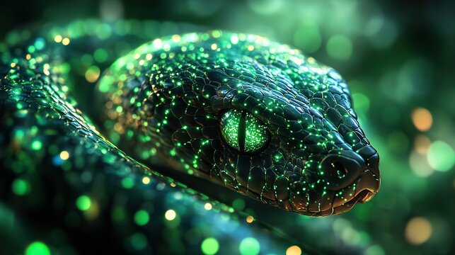 digital snake surrounded by green glowing lines symbolizing python programming and ai technology.illustration
