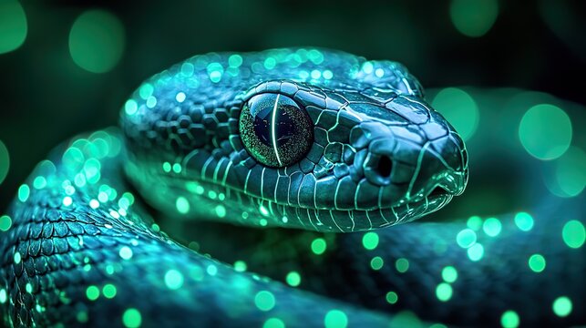 digital snake surrounded by green glowing lines symbolizing python programming and ai technology
