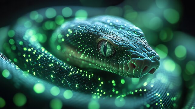 digital snake surrounded by green glowing lines symbolizing python programming and ai technology.stock image