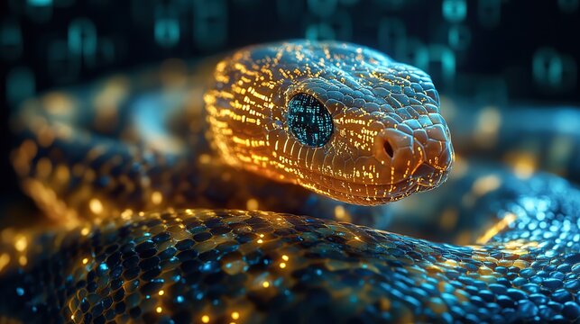 digital snake symbolizing python automation surrounded by code and dat streams.image