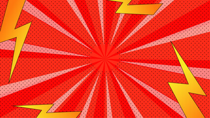 A vibrant illustration featuring bright red lightning bolts radiating from a central point