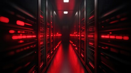 A futuristic server room illuminated with red lights, showcasing servers and technology in a sleek, dark environment.