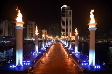 Nighttime Cityscape with Flaming Torches and Water Reflections