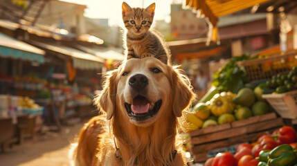Happy golden retriever with kitten on head at a lively outdoor market
