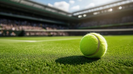 low angle view of a tennis ball on a grass tennis court with stadium in the background