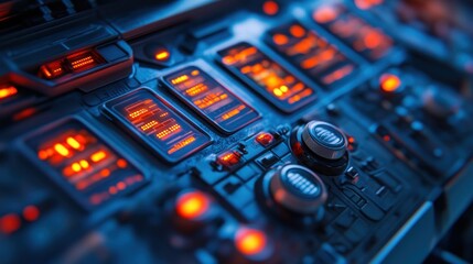 Obraz premium Close-up of a futuristic control panel with glowing red lights and buttons.