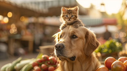 Happy golden retriever with kitten on head at a lively outdoor market
