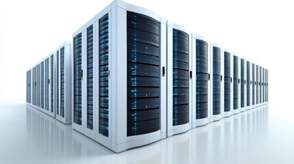 Obraz premium A sleek data center featuring rows of modern server racks with a futuristic design and efficient cooling system.