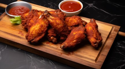 Fototapeta premium Crispy Chicken Tenders on Wooden Board with Dips