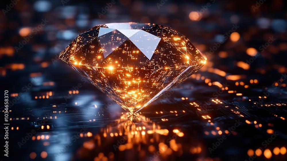Poster gleaming diamond with subtle overlay of binary code symbolizing the intersection of digital technolo
