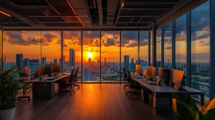 Fototapeta premium A modern office with large windows overlooking a city skyline at sunset. The sun is setting behind the cityscape, casting a warm glow on the room.