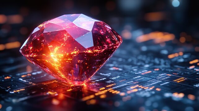 glowing ruby stone symbolizes the ruby on rails programming language set against an abstract background of byte code representing the fusion of technology and innovation in web development