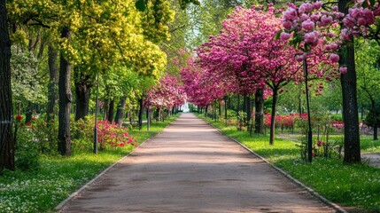 Naklejka premium A serene pathway lined with vibrant trees and flowers, inviting leisurely strolls.