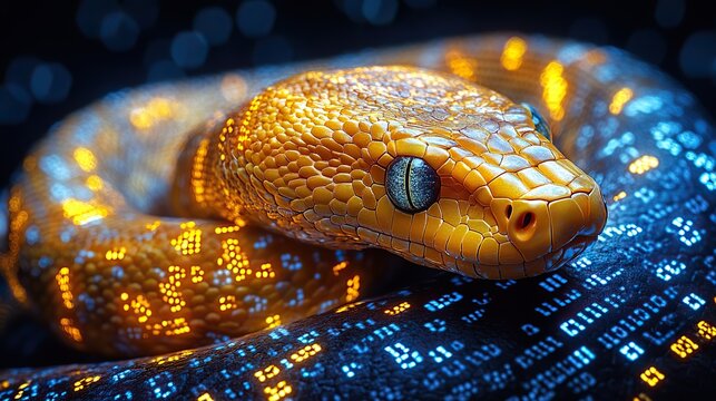 golden snake intertwined with binary code symbolizing python programming and coding