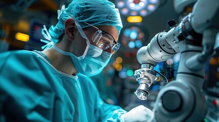 A surgeon operating with advanced robotic technology in a medical environment.