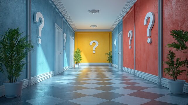 hallway with multiple doors each marked with question mark symbolizing lifes choices and endless possibilities the image evokes curiosity and the uncertainty of decision making