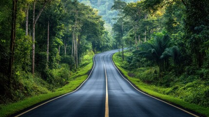 A winding road through lush greenery in a serene forest landscape.