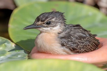 Cute Bird Chick Resting on Pink Water Lily Pad