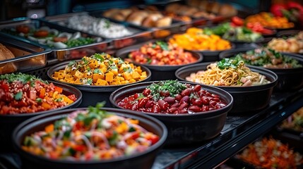 A vibrant display of colorful salads and dishes in bowls, showcasing a variety of fresh ingredients.