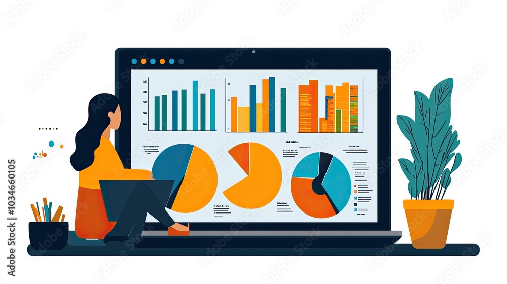 Poster laptop screen displaying colorful pie charts and diagrams illustrating benchmarking process in dat a