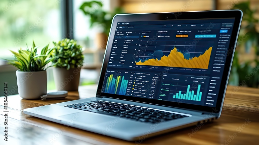 Poster laptop screen displaying the text website traffic with graphs and charts symbolizing traffic analysi