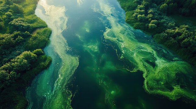 large bright green algae bloom is seen in body of water.stock image