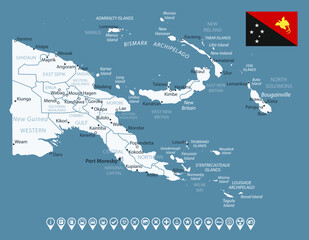 Papua New Guinea - detailed country map with cities and regions. Infographic icons. Vector illustration.