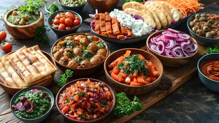 A vibrant spread of various dishes and ingredients for a communal meal.