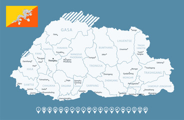 Fototapeta premium Bhutan - detailed country map with cities and regions. Infographic icons. Vector illustration.