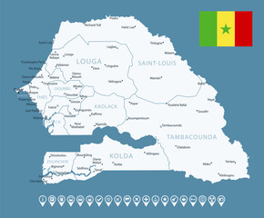 Obraz premium Senegal - detailed country map with cities and regions. Infographic icons. Vector illustration.