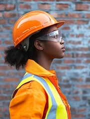African american black woman construction worker, wearing safety helmet, jacket and eyeglasses, brick wall on the background