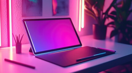 Modern workspace with neon lighting and digital tablet