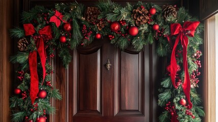 Festive Holiday Wreath on Wooden Door