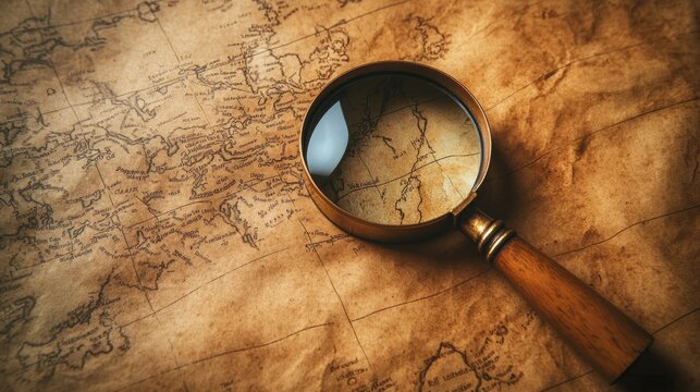 Vintage map with magnifying glass highlighting details