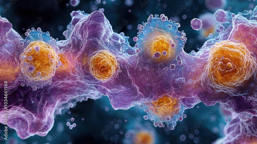 Poster microscopic view of tumor cells being destroyed highlighting cellular structures and the process of 