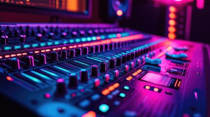 Close-up of a vibrant music mixing console in a studio