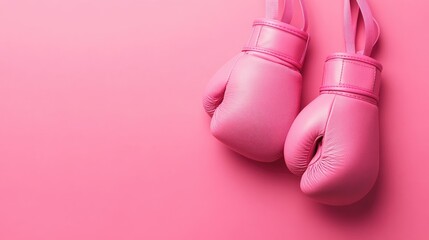 Pink boxing gloves hanging against a pink wall. Fighting breast cancer