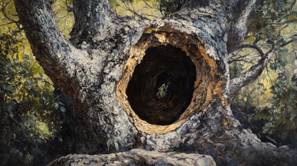 Oil painting depicting a tree with a hollow showcasing the unique characteristics of the tree s structure