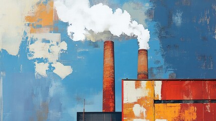 Industrial scene featuring smokestacks created using mixed media