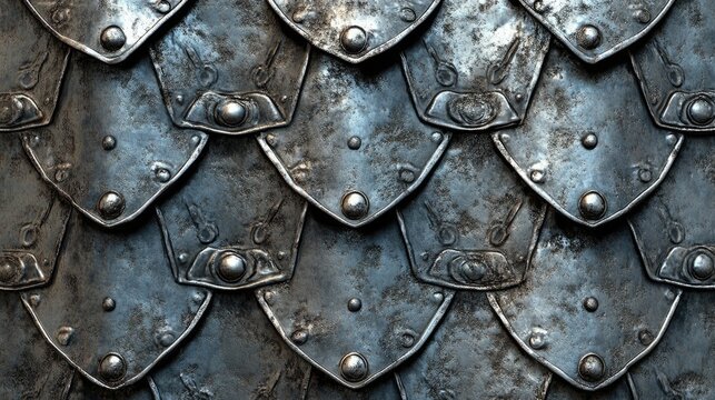 Seamless fantasy armor texture featuring a 3D metallic pattern with a background of metal plates ideal for medieval themed designs and textured armor surfaces