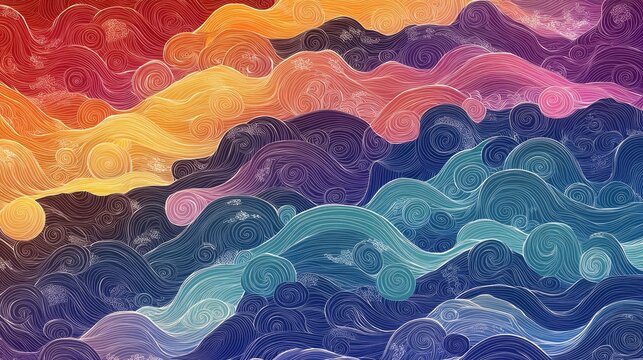 Rainbow pattern featuring oriental wave lines in a fantasy theme suitable for product presentation backgrounds advertisements posters banners packaging labels and website covers in 2D cartoon styl