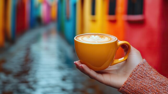 person enjoys coffee in vibrant colorful setting symbolizing modern coffee culture and urban lifestyle