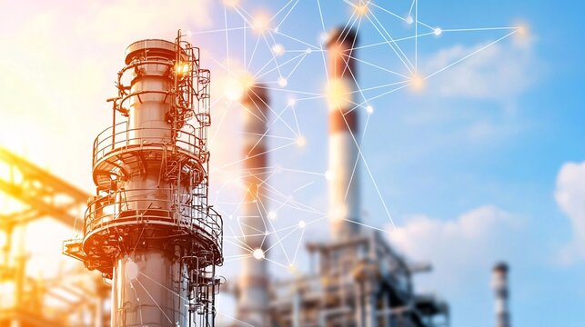 A refinery tower against a clear sky, showcasing industrial processes and modern technology with digital connections overlay.