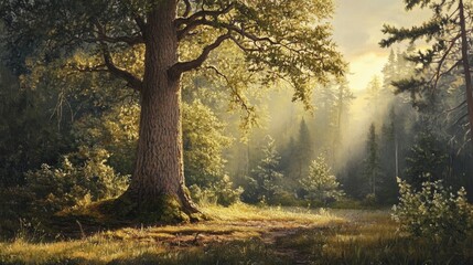Fototapeta premium Oil painting of a towering tree amidst a forest bathed in warm sunlight showcasing the majesty of nature s tranquility