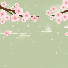 Obraz premium Blooming cherry blossoms and cherry branches on a light green background.