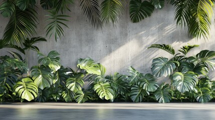 Obraz premium 3D rendering of tropical palm leaves against a rustic empty background with a jungle garden behind a concrete interior wall