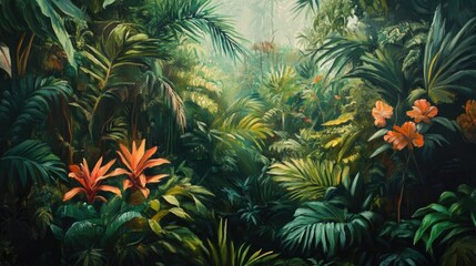 Fototapeta premium Oil painting depicting lush tropical jungles rich in greenery and vibrant flora